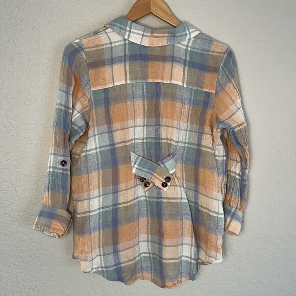 Soft Surroundings Linen Plaid Button Up Shirt Blue Pastel Gauzy Rainbow Fall - Picture 1 of 7